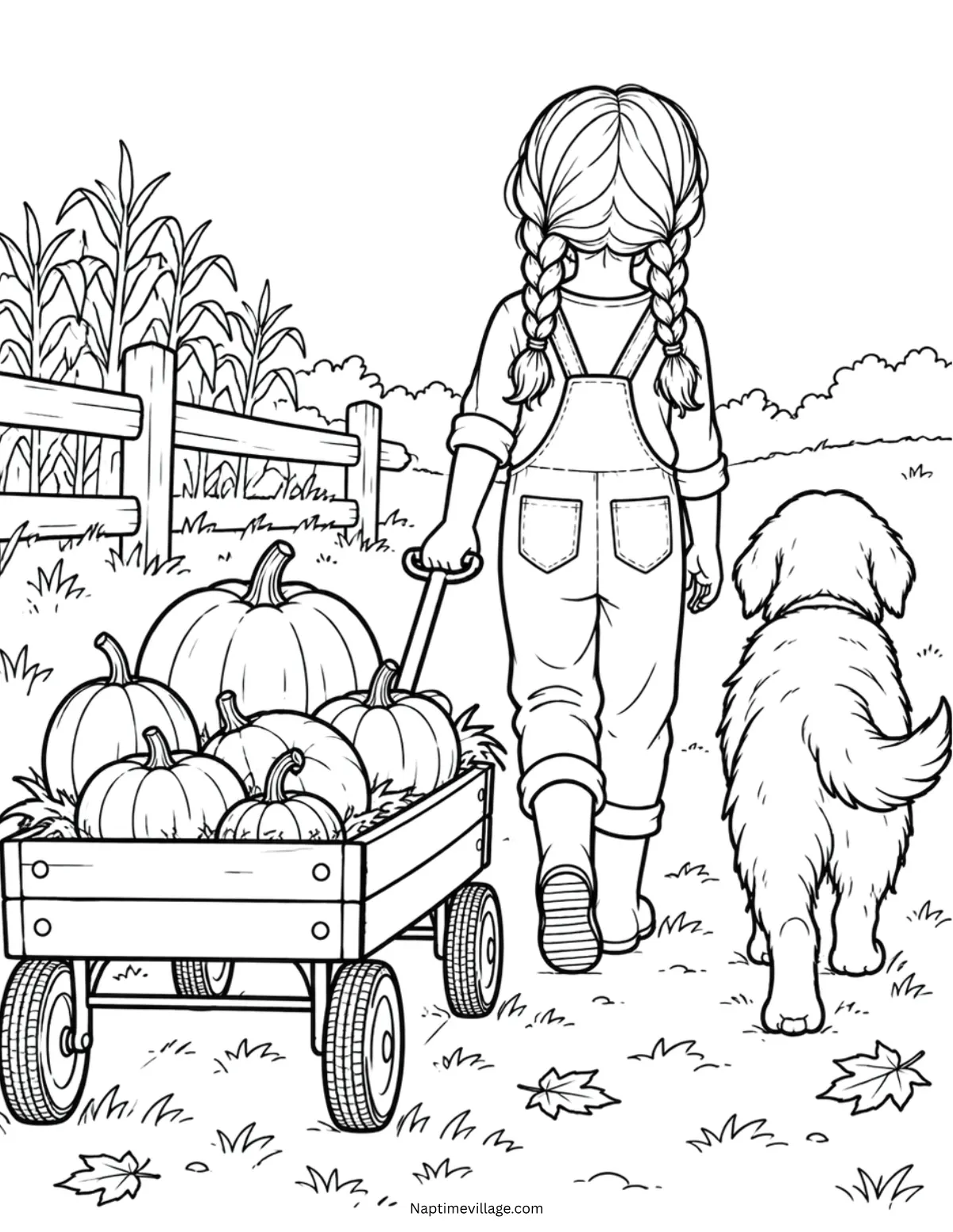Pumpkin Picking Girl and Dog — Single-Page PDF